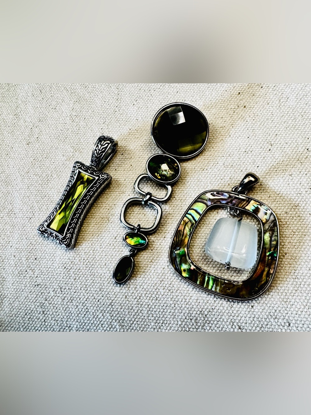 Lia Sophia Olive Green Glass and Abalone Accent Pendant Set